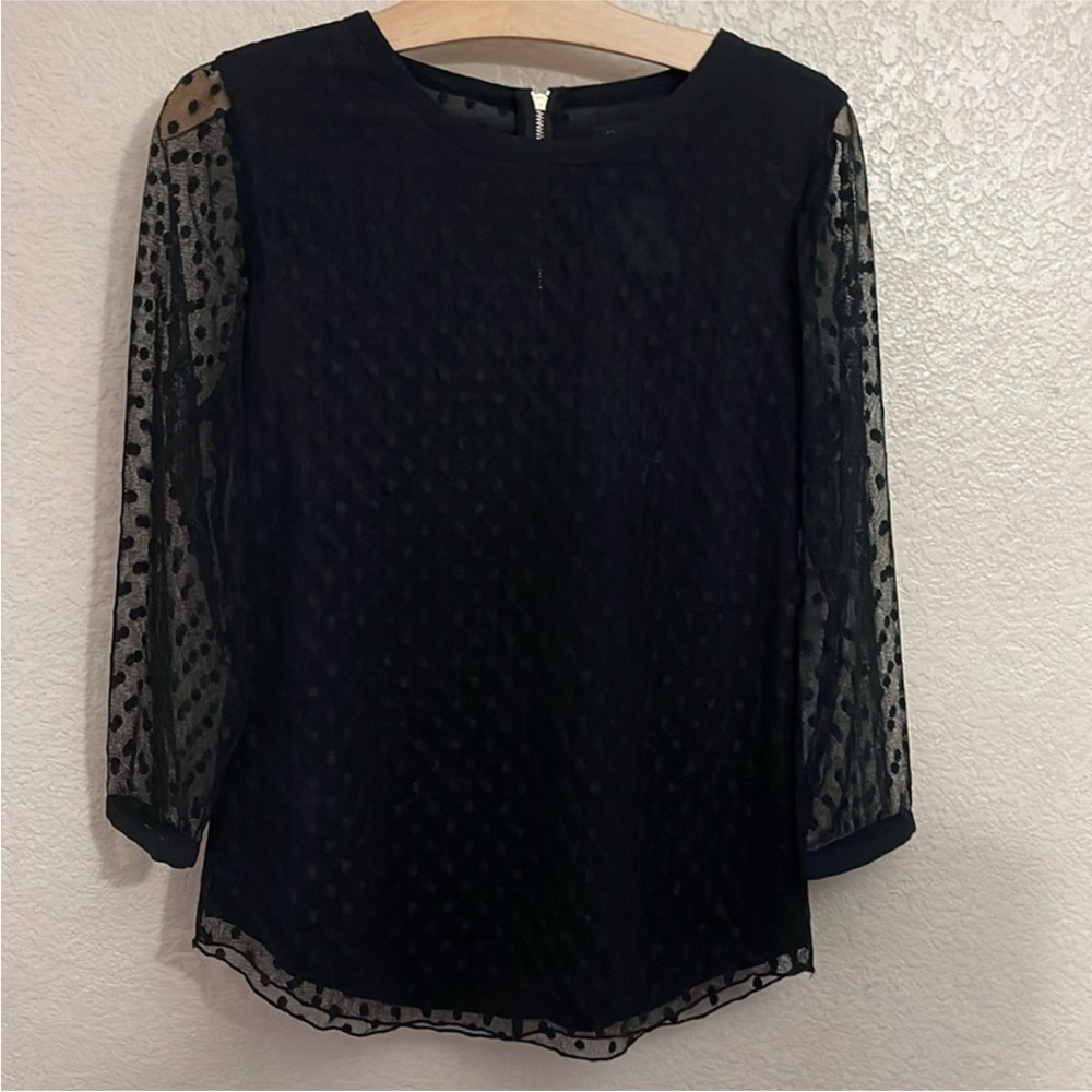Ann Taylor | Black Sheer Long Sleeves Polkadot Overlay Zip Back Blouse Size M - Picture 6 of 6
